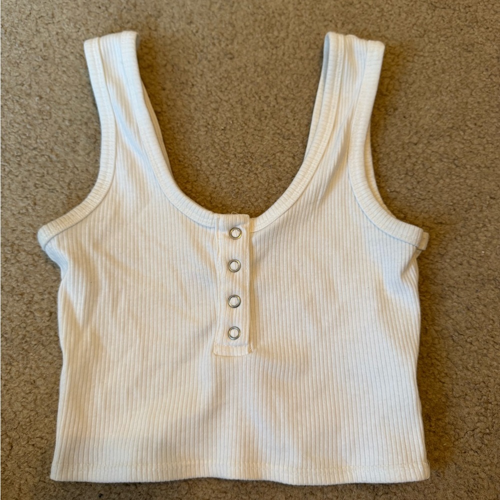 White Ribbed Button-Front Tank Top